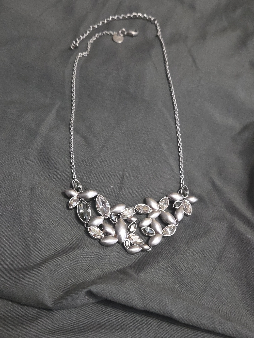 Touchstone Crystal Silver Leaf Bib Necklace with Clear Crystals